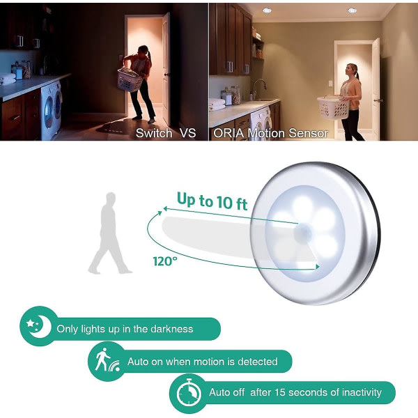 Bevegelsessensorlampe, trådløs batteridrevet lampe, automatisk nattlampe med selvklebende puter, fest overalt, perfekt
