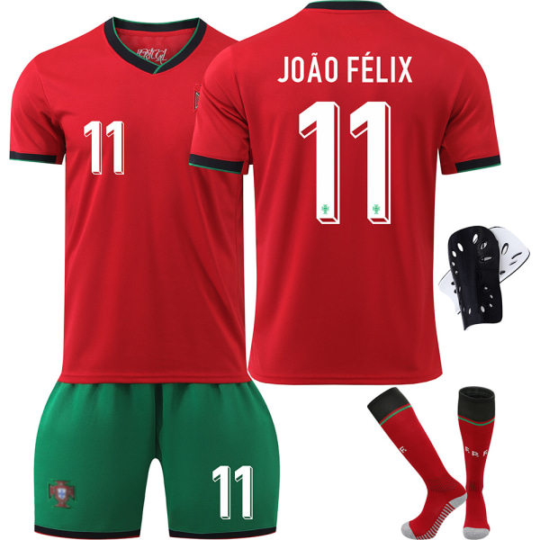 2425 Portugal Jersey UEFA Euro Børnefodboldtrøjesæt nr. 11 João Félix With socks+protective gear XS