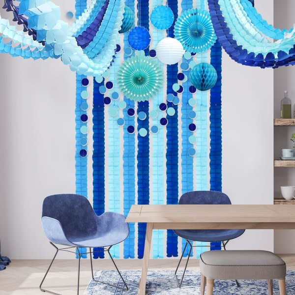 RUBFAC 6 st Fyrklöver Girlang Fest Blå och Vit Streamers Silkespapper Hängande Blomster Girlang för Frozen Fest Baby Shower Dekoration