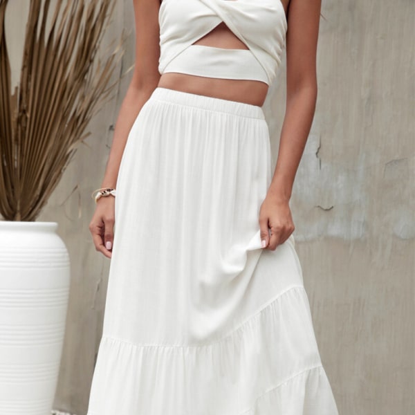 Dam A-linje lang kjole med flytende skjørt Hvit White 2XL