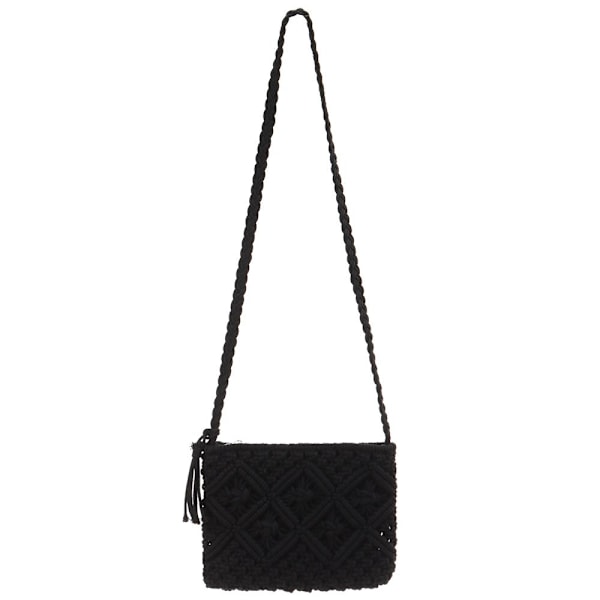 Handvävd Crossbody-väska i halm för kvinnor, bohemisk strandväska med axelrem, tofsar och dragkedja black