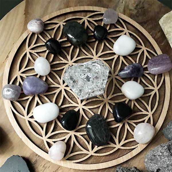1. Chakra Livets blomst Naturligt symbol Træ rund kant cirkel Gul 20cm Yellow 20cm