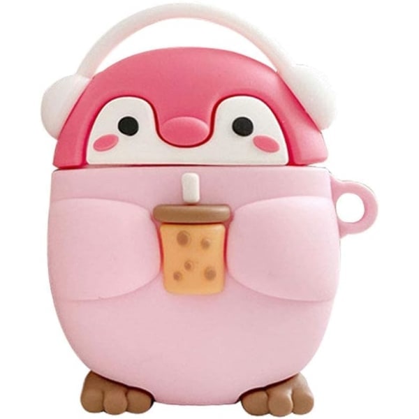 Söpö Kawaii pitää maitoteekupin ja nauttii musiikista Kuulokkeet Pingviini kotelo AirPods 1/2:lle, pehmeä kumisilikoni - pinkki