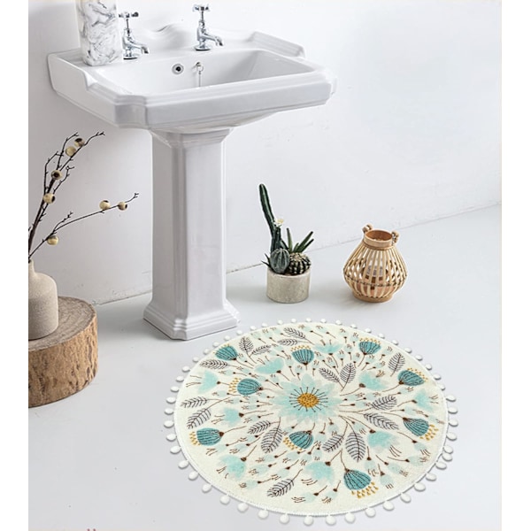Vaskbar Sklisikker Rund Badematte 2', Myk Ragg med Dusker, Blomsterdesign for Dusj & Vask