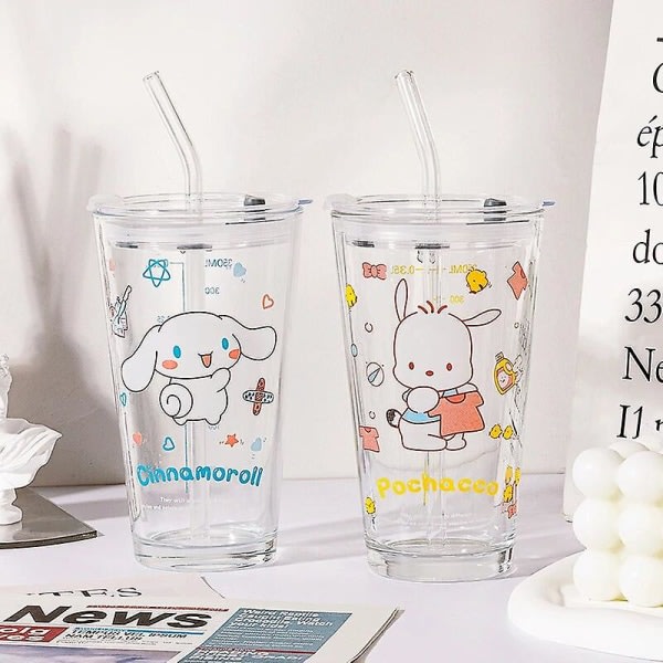 Transparent glass vannkrus Søt tegneserie frokostkopp Straw med lokk Melk Juice Vannkopp Glass Sippy Cup Barnegave Cinnamoroll Cinnamoroll