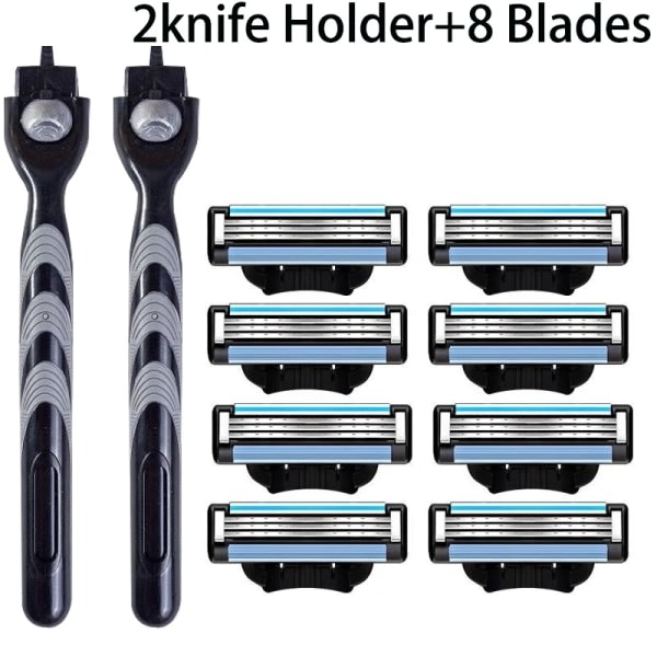 3-lags barberblad, manuell barbermaskin for menn i rustfritt stål, retro våt barbering, gjenbrukbar barberhøvel 2 Holdere 8 Blader 2 Holder  8Blades