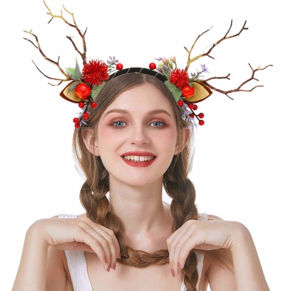 Julehodebånd LED Lysende Reinsdyr Horn Hodebånd Blomst Bær Hodebånd Lysende Hårdekorasjon Julefest Kostymer