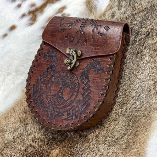 Steampunk Medeltida Läder Midjebälte Väska Fanny Pack Höftväska Vintage Bältesväska Brun Draken