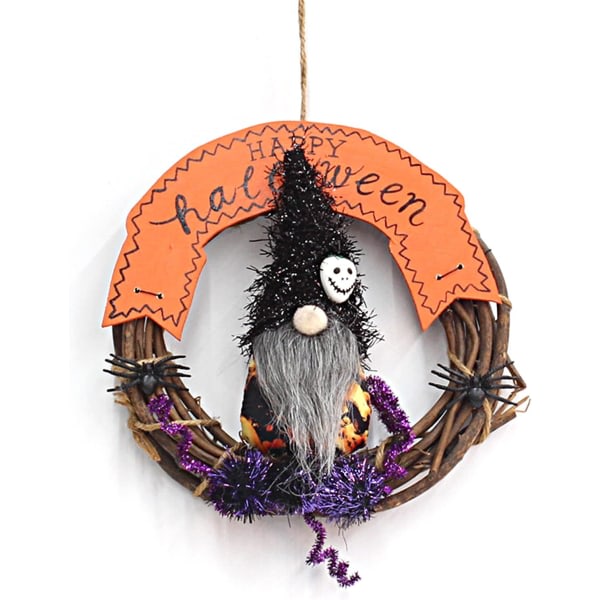 Halloween-krans 20 cm, Halloween-hängande dekorasjon, liten halloween-dörrkrans med spöke og spindel, Halloween-dekorasjon for innenhus og