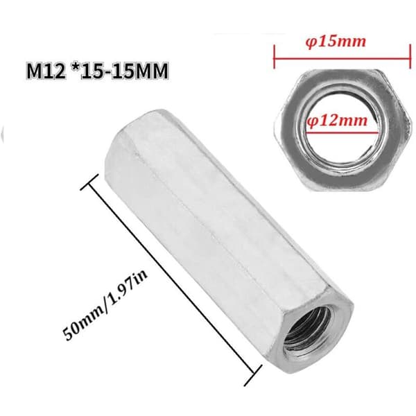 5 stk. M12 karbonstål muffemutter, M12 50 sekskantmuffe, M12 lang mutter for gjenget stangforbindelse M12 muffemutter gjengefester (M1250-15mm)