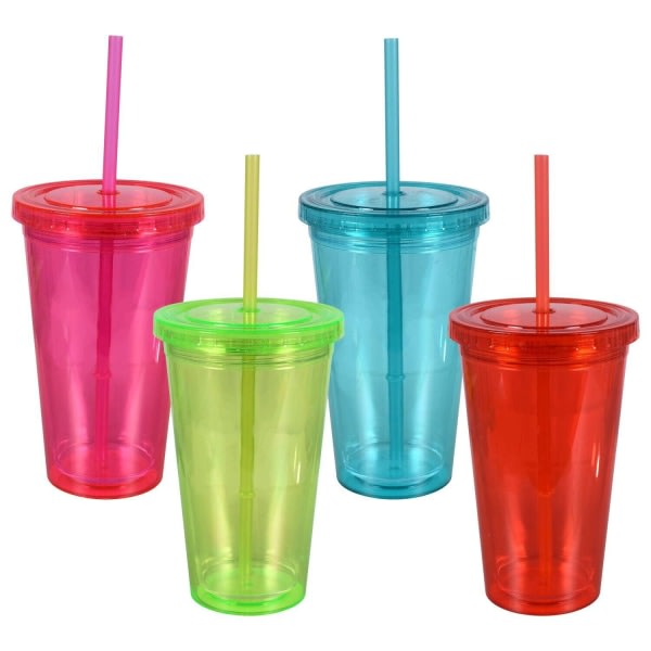 4st 450ml platt lock sugrörskopp transparent täckt mjölktekopp Hushålls kaffekopp dubbellager plastkopp dricksvattenkopp (slumpmässig färg)