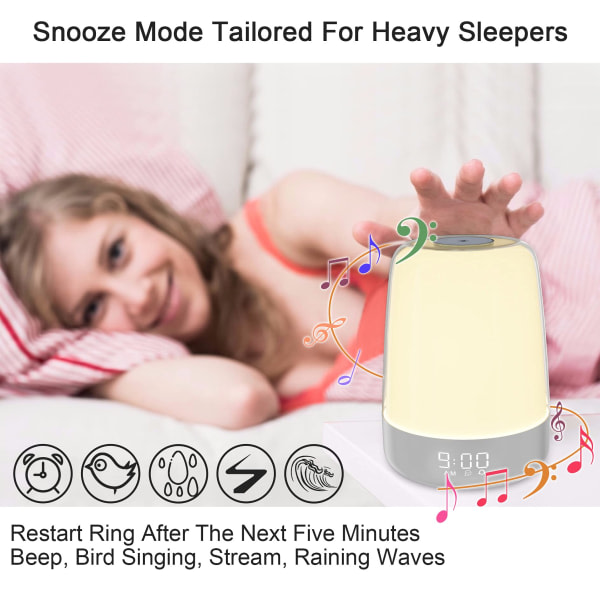Touch Wake Up Natlampe med Solopgangsimulering Vækkeur, 3-vejs Dæmpbar Varmt Hvid Senglampe RGB Ambient Bord Nattbordslampe, Timertilstand
