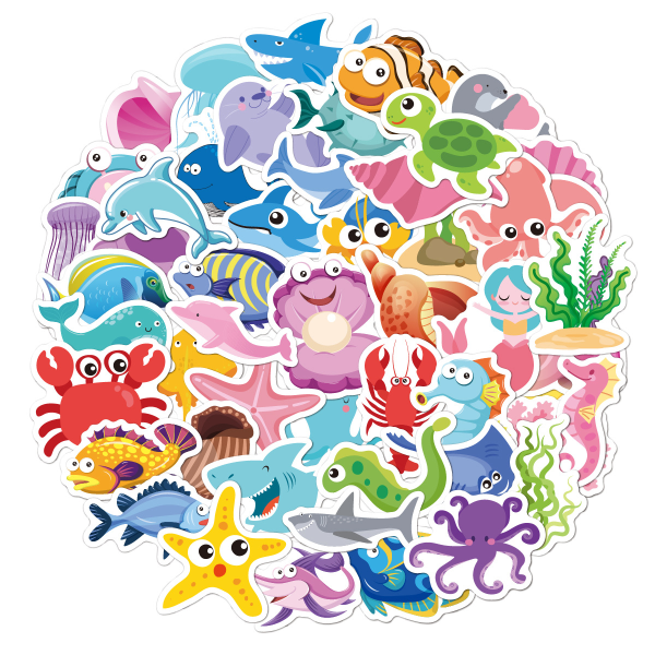 50 tecknade barnklistermärken Lilla sjöjungfrun enhörning dinosaurie vattenkopp pappersvaror vattentäta barnklistermärken Mini Sea Animals 50pcs