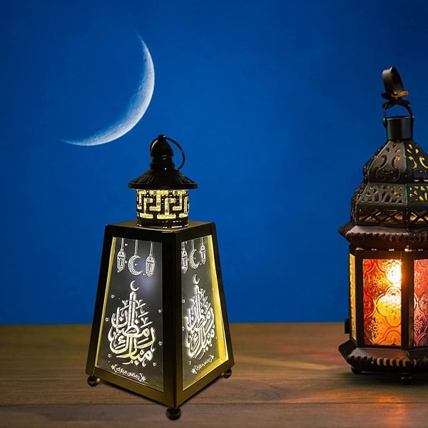Dekorativ Ramadan-lykta med LED-ljus, gyllene retro järnvindlykta hängande nattljus Eid-lyktor för hem muslimsk islamisk festivaldekoration (H-3