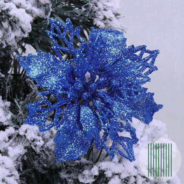 10 st Julblommor Stora (9 cm) Julstjärna Glitter Blomma Julgran Hängningsfest Juldekor (kungligt blå)