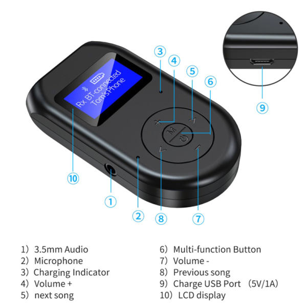 3-i-1 Bluetooth-kompatibel sender/modtager Trådløs BT 5.0