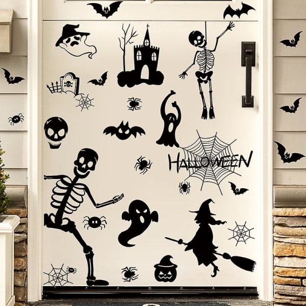 Halloween-aiheinen seinätarra, jossa on luuranko, hämähäkki ja noita