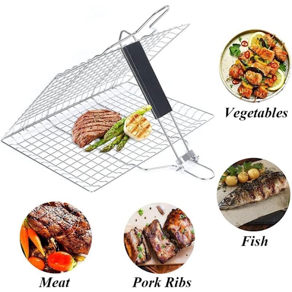 Grillkurv, BBQ-kurv i rustfritt stål, Grillkurv for grilling, Sammenleggbar fiskekurv i rustfritt stål med avtakbart håndtak for fisk, biff, reker