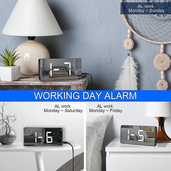 Ny stil Digital vækkeur Stor Spejlet Led Ur Snooze Funktion Dæmpningstilstand Ved siden af Ur Til Soveværelse Dekoration - Sort