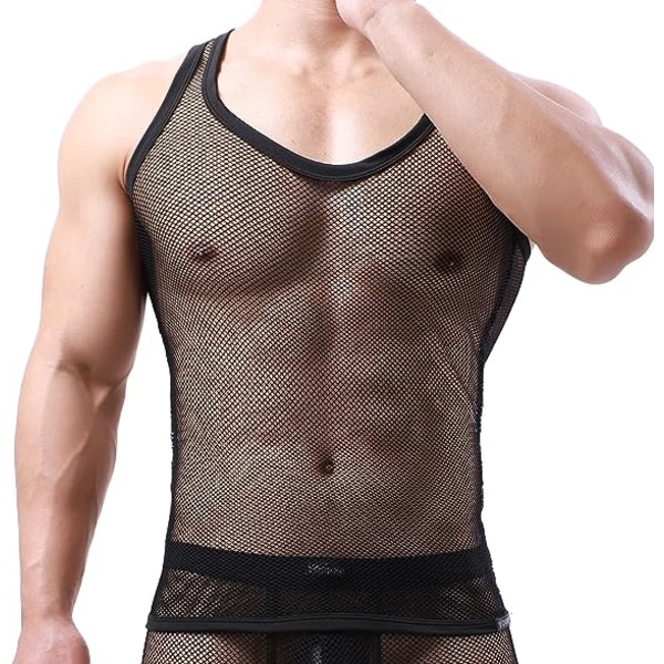 Sexy T-skjorte for menn Mesh Fishnet Ermeløs trøye Cutout Linne Cool (Svart XL)