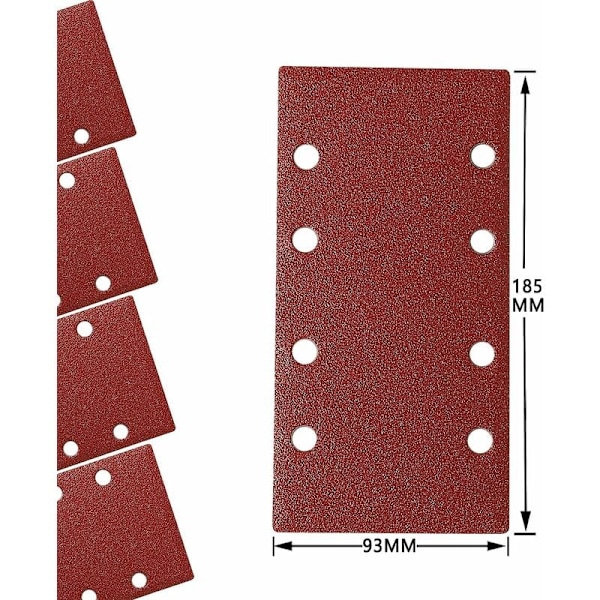 Pakke med 30 firkantede selvklebende sandpapirark 93x185mm 80 korning med 8 hull