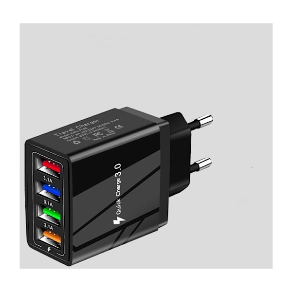 USB Væglader med 4 porte, 15W Multi-Port Rejseadapter - Sort