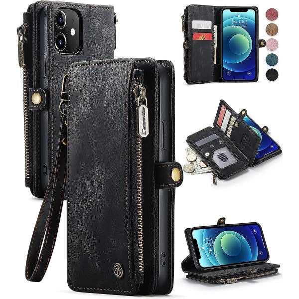 Plånbok för kvinnor och män, slitstarkt PU-läder Magnetisk flip-linyardrem Armband Dragkedja Korthållare Phone case För Iphone 12 & 12 Pro