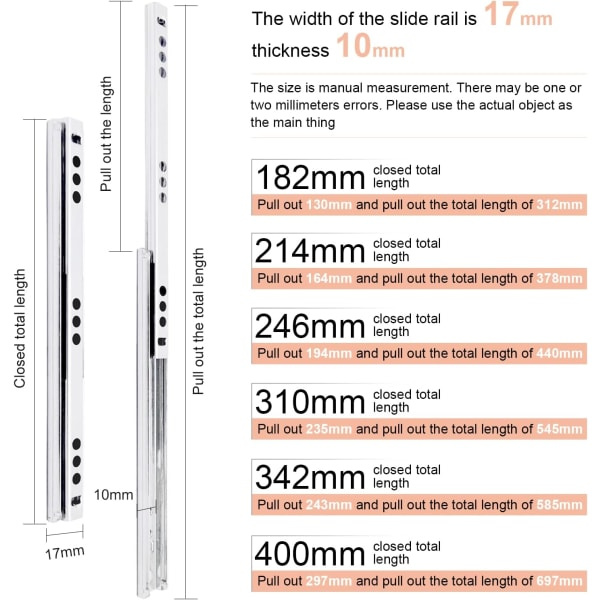 Lådskena, B17mm 1 Par Metall Lådskena Löpare Kullager för möbellåda (400mm Längd)