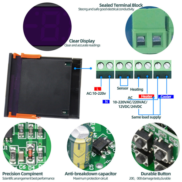 1. LED Digital STC-1000 Temperaturreguleringstermostat Microcom Sort DC12V Black DC12V