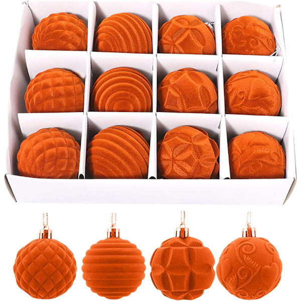 12 st 6 cm Sammetsjulgranskulor, Flockade Dekorationer med 4 Mönster (Orange) Orange