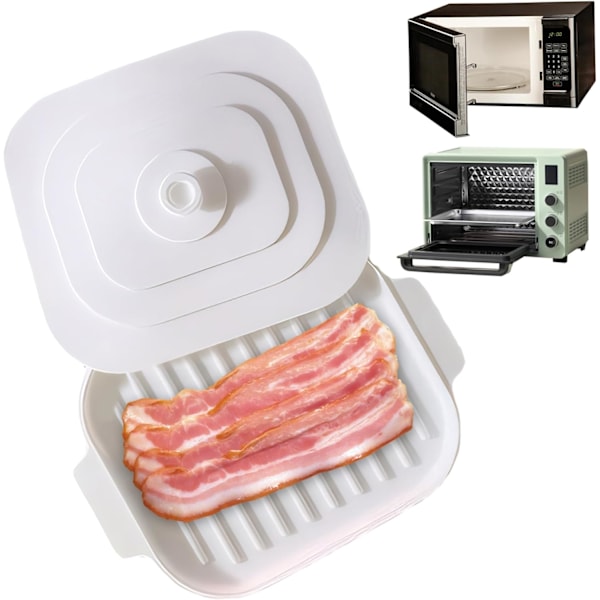 Mikrobølgeovnsbaconbrett, 30 x 20 x 0,8 cm Silikonbaconpanne med lokk og håndtak, Crispy Bacon Maker