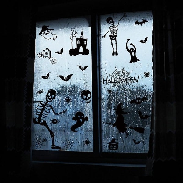 Halloween-layout tecknad skelett man spindelnät häxa fönster glas heminredning väggdekal