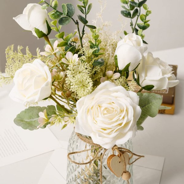Konstgjorda blommor i vas, sidanros konstgjorda blommor i vas, konstgjorda blomsterarrangemang i vas för hemmakontoret