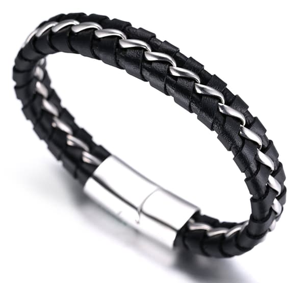 Børns dreng ægte læderarmbånd sort.Titanium sølvkæde