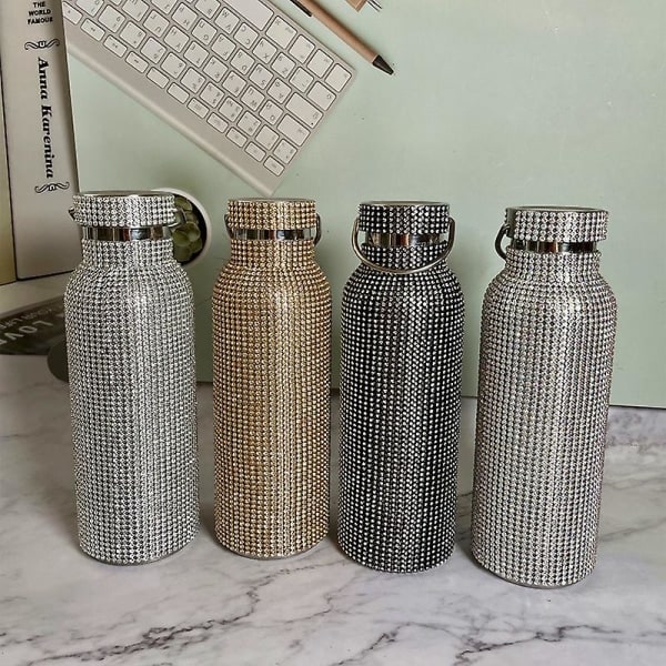 Rhinestone vandflaske 304 rustfrit stål glitrende termoflaske med kæde High-end diamant indlagt termoflaskekop med kæde sort