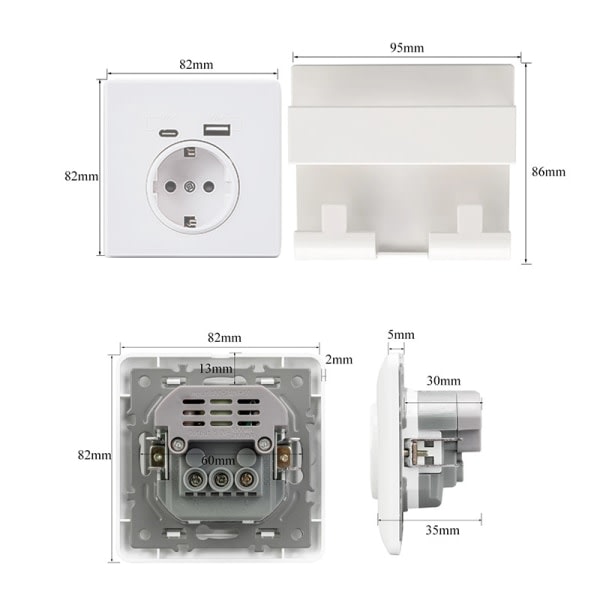 EU-standardinen 16A seinälaturiadapteri USB Type A Type C virta Schuko pistokkeella