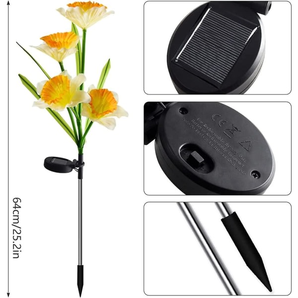 2 stk LED Sol Narcis Lys Kunstig Narcis Blomst Solcellelampe IP65 Vandafvisende Automatisk Sol Elegant Påskeliljer Blomst Lys (di Man) Hvid