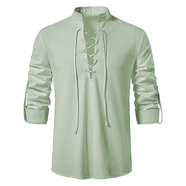 2035 Ny blus för män Casual blus Bomull Linne Skjorta Toppar Långärmad T-shirt Höst Slant Button Up Vintage Ljusgrön L zdq