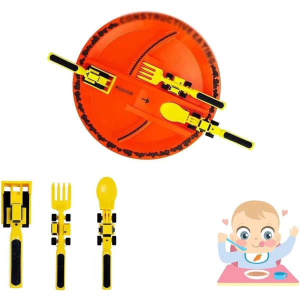 Set för toddler med konstruktionstema - redskap, tallrikar, gafflar och skedar - perfekt för barns måltidsnöje och lärande