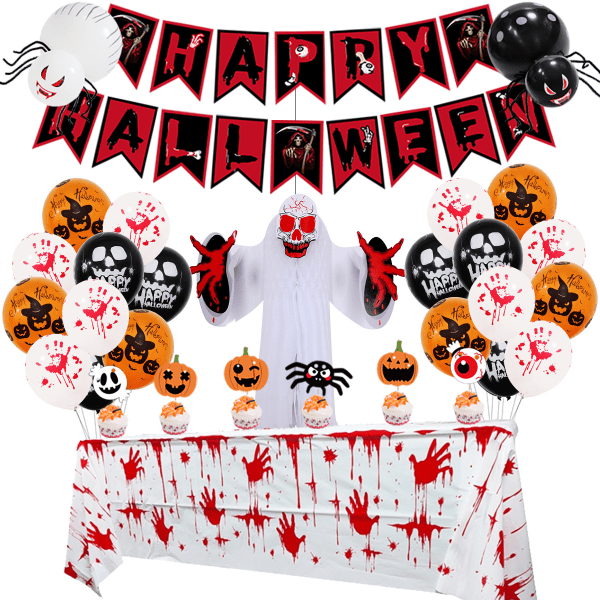 Halloween-festdekorasjonssett Happy Halloween-ballonger Banner håndtrykt edderkopppapir GSLHOst-ballong Bordsdukdekorasjon (6 sett)