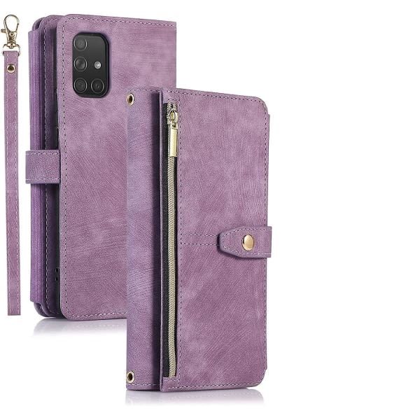 Samsung Galaxy A51 4G:lle, 9 kortpaikkaa Vintage nahkainen lompakko Iskunvaimennus läppä käsihihnan kanssa Korttitaskut Vetoketjullinen tasku - violetti