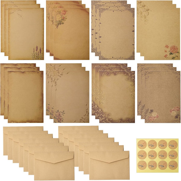 12,5x17,5cm 12stk Antikke Kuverter 24stk Antik Papir med 24stk Runde Forseglingsklistermærker Ældede Kuverter til Skrivning af Indbydelseskort