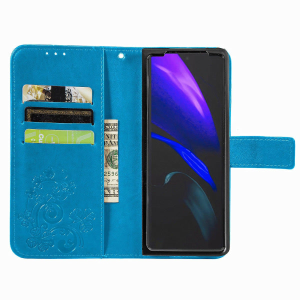 För Samsung Galaxy Z Fold4 5g Drop-proof Telefon Flip Cover Fyrklövermönster tryckt Pu- case Magnetstängning Plånboksställ med rem Blue