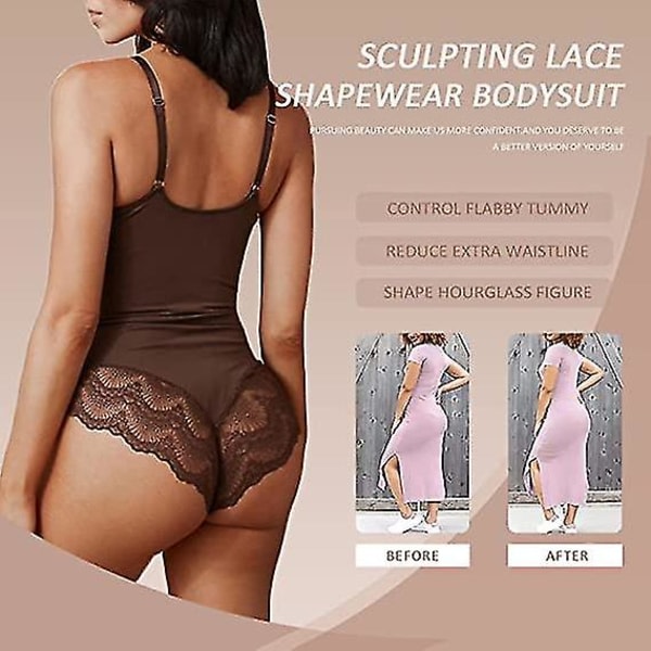 Naisten Spetsbody Vatsakontrolli Shapewear V-kaula-aukkoinen Seläton Kamisole Hihaton Hoikentava Toppi Ruskea 3XL