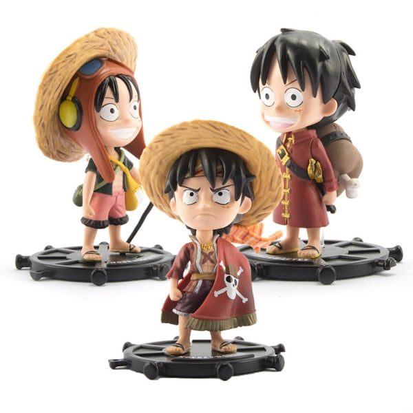 3 st One Piece Luffy Figur med halmhatt Mini Q-version Dockor Bil Tårta Dekoration Tecknad modell Leksak