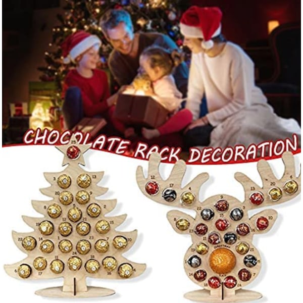 Julkalender, presentask, träställ för choklad, godis, julkalender i form av julgran/älg, säsongsdekoration