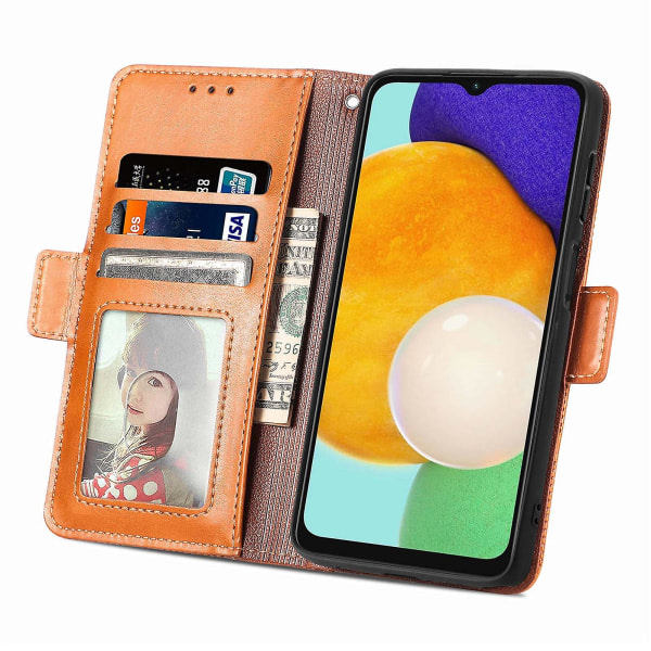 Til Samsung Galaxy A13 5G Anti-fald Beskyttelse Kryds Rhombus Præget PU-læder + TPU-cover med Pung Stativ - Khaki Brun