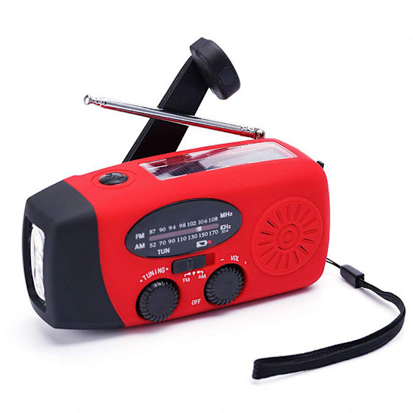 Vevradio med solceller, ficklampa och 2000mAh powerbank, röd SOS