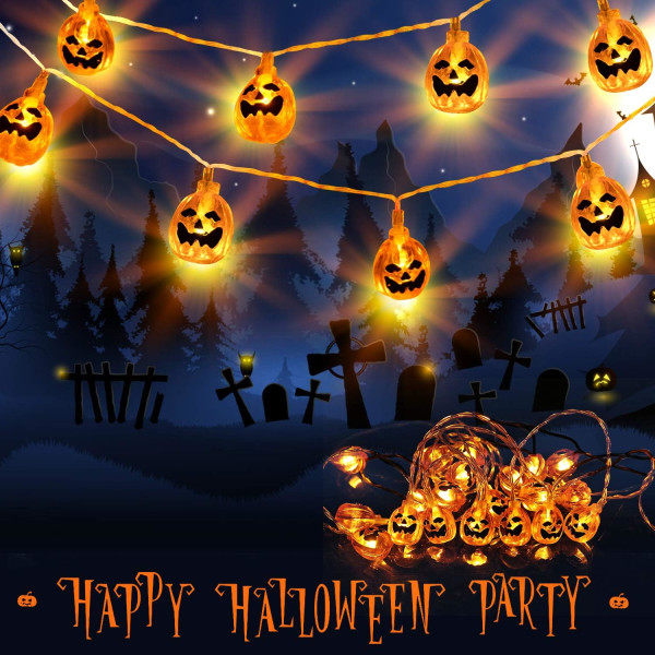 Dekorativt Halloween-gresskarlys, 3m 20 LED-skrekkgresskarlys, batteridrevet 3D-gresskarbelysning, dekorativt Halloween-alvelys