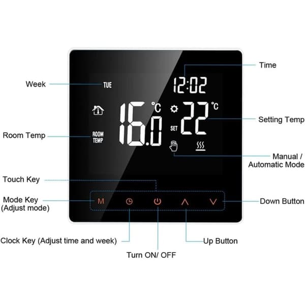 16A Digital Termostat - LCD-Display - Touch Screen - Programmerbar - för Hem, Skola, Kontor, Hotell, Vit